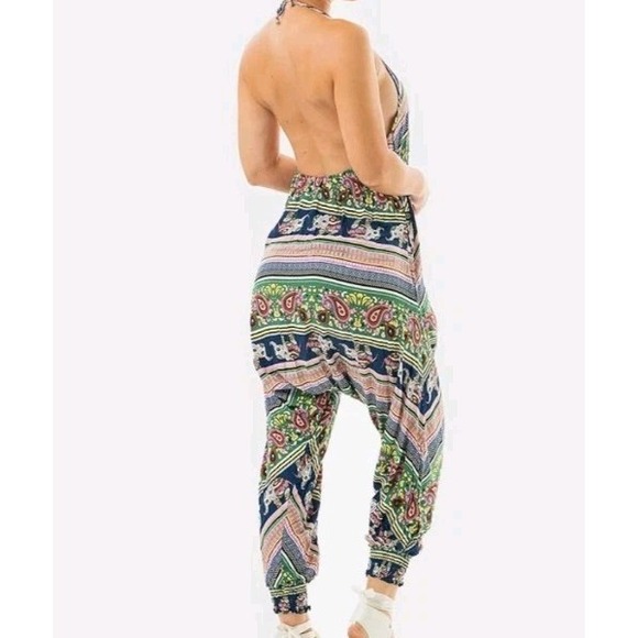 Buddha Pants Womens Halter Jumpsuit Sz M SAVANNAH HAREM JUMPER Pink Elephant - Picture 3 of 9